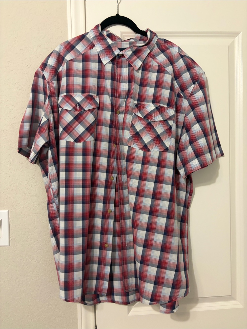 St. John's Bay Red and Blue Plaid Short-Sleeve Button-Down Shirt